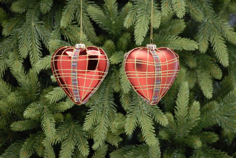 10cm Shiny/Matte Red Tartan Hearts Baubles