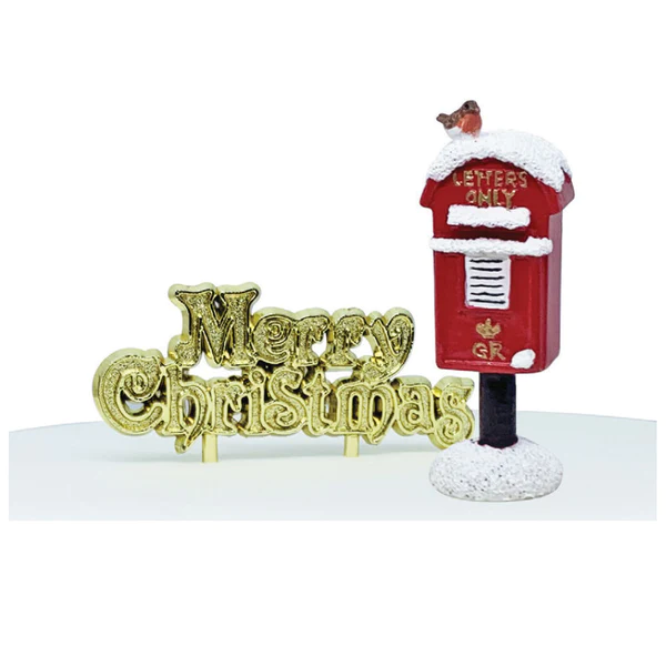 Red Post Box & Gold Merry Christmas Cake Decoration