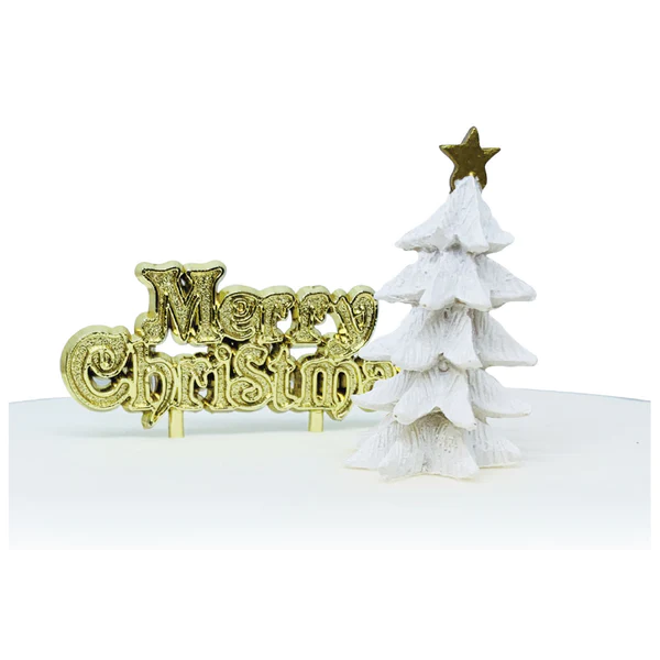 White Christmas tree & Gold Merry Christmas cake decoration The Olde